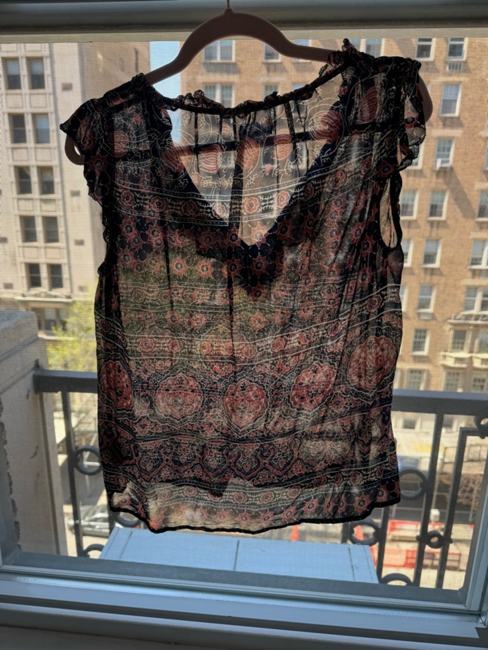 Velvet by Graham & Spencer Sheer Floral Medallion Blouse in Black and Coral